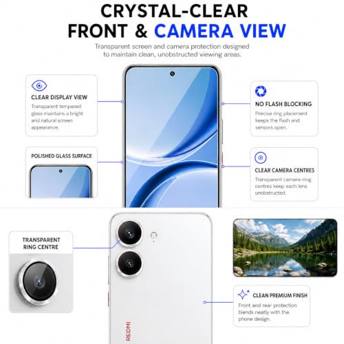 Image of FIRST MART Tempered Glass for Redmi Turbo 5 5G with Silver Camera Ring Guard & Installation Kit | HD Clear Edge-to-Edge Screen Protector, Scratch Resistant, Case-Friendly | Pack of 1