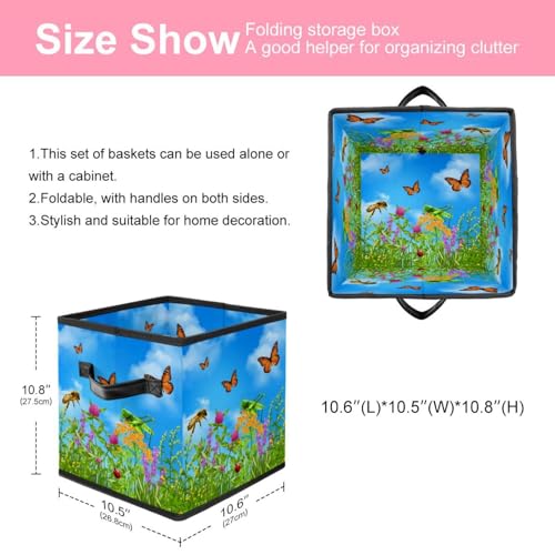 Boîte de rangement cube en tissu motif insectes d'été avec poignées - 3