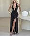Ekaliy Women's Sexy Halter Deep V Neck Maxi Dress Sleeveless Backless High Slit Ruched Long Dress Summer Party Cocktail Dress Black