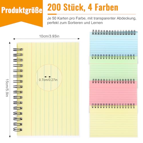 Karteikarten 15 * 10cm, 200 Stücke Lernkarten mit Transparenter Abdeckung Linierte, Spirale Notizblock mit Ring, Karteikarten Bunt, 4 Farben Vokabelkarten für Schule, Vokabeln & Lernhilfe