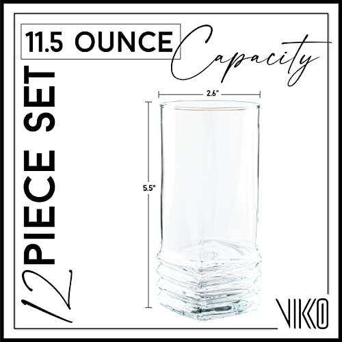 Vikko Water Glasses, Set Of 12 Drinking Glasses, Thick And Durable Tumbler, 11.5 Ounce Tall Kitchen Glasses, Dishwasher Safe Highball Glass Tumbler, Heavy Duty Cups #TOP5