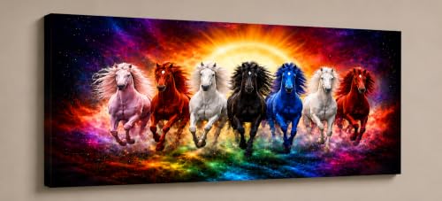 Image of 7 Horse Vastu Sunrise Canvas Painting | Positive Energy Wall Decor | Big Size Premium Running Horses Artwork for Home, Office & Hall Decoration (Modern, Galaxy Horse, 44x20 Inch)