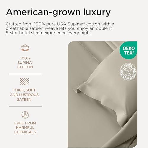 Image of Threadmill 1200 Thread Count Supima Cotton Queen Sheet Set, Sateen, Taupe | 100% Supima Cotton, Sateen Weave, 4-Piece Set, 17 inch Deep Pocket, All-Around Elastic, Hotel Quality, OEKO-TEX Certified