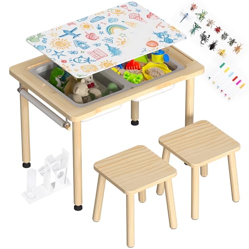 Image of BRINJOY Sensory Table for Toddlers, Kids Activity Desk with 2 Stools & Storage Bins, 3 in 1 Wood Sand and Water Table with Colored Pens & Animal Toys & DIY Tunnels for Indoor Outdoor Gifts