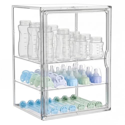 Image of Heliospark Baby Bottle Storage Organizer for Countertop, X-Large Clear Bottle Organizer, Baby Bottle Storage Organizer for Bottles, Nipples, Pump Parts & Food Jars, Nursery Cabinet, Kitchen Pantry