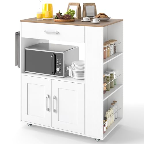 COSTWAY Desserte de Cuisine sur roulettes (2 Verrouillables), îlot de Cuisine avec 3 Support à Épices, Chariot de Service Armoire 1 Tiroir Étagère...
