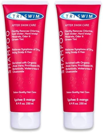 TRISWIM Shampoo anti-cloro | Trattamento dopo il bagno | Shampoo vegano idratante anti-cloro per nuotatori | Rimuove le sfumature verdi | Litchi e mango 250 ml (confezione da 2)