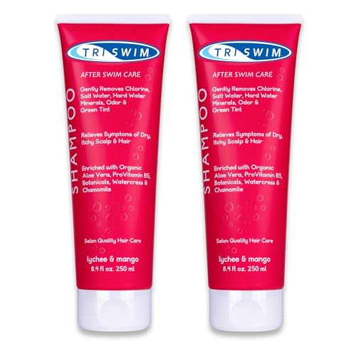 TRISWIM Chlor-Entfernungsshampoo | Pflege nach dem Schwimmen | Feuchtigkeitsspendendes, veganes Anti-Chlor-Shampoo für Schwimmer | Entfernt Grünstich | Litschi & Mango 250 ml (2er-Pack)