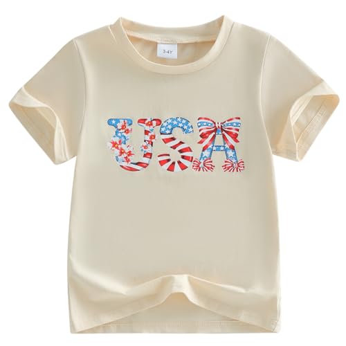 Image of Kids Toddler Girls 4th of July T-Shirt Coquette Bowknot Patriotic USA 250 American Flag Independence Day Top
