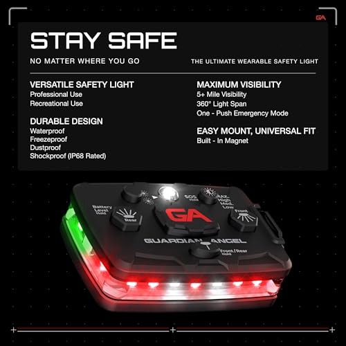 Image of Guardian Angel Elite Series Safety Light (Red Front & Green Rear) - Rechargeable, Magnetic, Hands-Free Wearable /Mountable LED Light for Fire, Roadside, Security, Wireless Boat Navigation