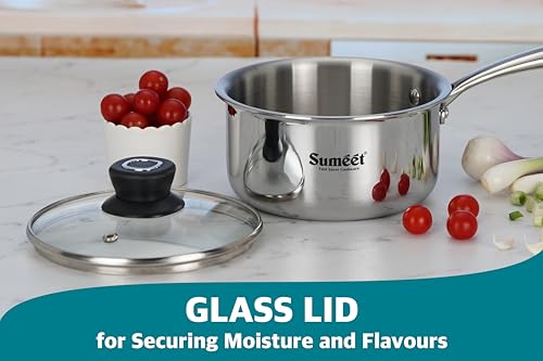 Image of Sumeet Cook Smart TriPly Stainless Steel Induction Base Saucepan with Glass Lid - 1.7 LTR - 16Cm, Pack of 1, Silver