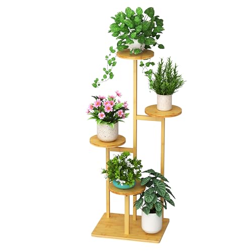 Ribelli Soporte para plantas de bambú de 5 niveles, varios niveles, soporte para 6 macetas, soporte para flores, escalera para balcón, sala de estar, terraza, 510000