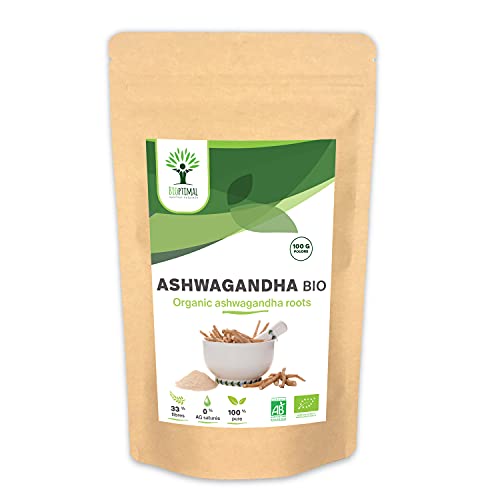 Ashwagandha Bio - Bioptimal - Racines d'Ashwagandha Indien en Poudre - Withania Somnifera 100% Pur - Sommeil Anti-Stress Libido Adaptogène - Contrôlé et Conditionné en France - Certifié Ecocert - 100g