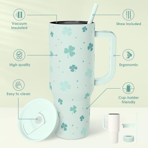Image of 40oz Shamrock Tumbler with Handle and Straw - Insulated Stainless Steel Coffee Travel Mug, Christmas St. Patrick's Day Irish Gifts
