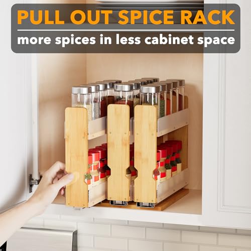 SpaceAid Bamboo Pull Out Spice Rack Organizer for Cabinet, Heavy Duty Slide Out Seasoning Kitchen Pantry Sliding Vertical Organization, 7.6" Wide, 3 Drawers(2" Wide), 2-Tier, Natural - Image 6