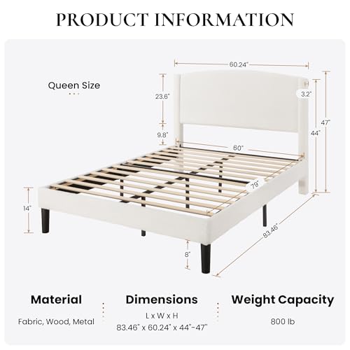 SHA CERLIN Soft Teddy Fabric Bed Frame Queen Size, Curved Headboard, White - Image 2