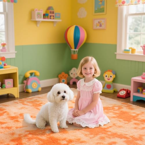 Mottling Orange Fluffy Rug Shaggy Area Rug, 8x10 Area Rugs for Girls Bedroom, Big Soft Shaggy Bedside Non-Slip Plush Dorm Nursery Kids Carpet Home Decor Aesthetic