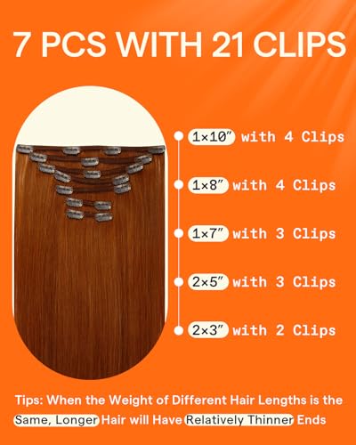Image of Full Shine Clip in Hair Extensions 24 Inch Copper | Human Hair Clip in Extensions, Straight Invisible Hair, Brazilian Remy Human Hair Copper Red, 7 Pcs 120g