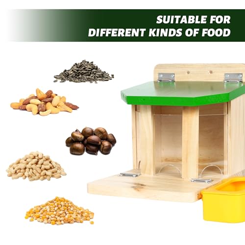 MIXXIDEA Wooden Squirrel Feeders for Outside with Water Bowl, Large Capacity, Sturdy Squirrel Feeder House with Thick Wood, No Assembly Required, for Backyard Outside Garden (Green)