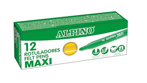 Alpino - Étui de 12 feutres maxi jaunes | Marqueurs super lavables pour enfants | Marqueurs super brillants scolaires | Pointe épaisse 5,7 mm | Longue durée et résistance