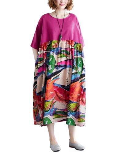 Image of Women's Oversized Dress Plus Size Summer Dress Artsy Print Pathwork | Loose, Oversized Cut Baggy Dresses. O Neck with Pockets. Breathable Viscose Fabric for Summer. Colorful Print Patchwork