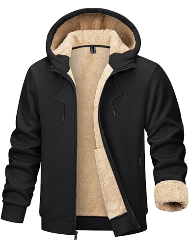 TACVASEN Herren Thermo Fleecejakce Pulli Hoodie Sweatjacke Winter Gefütterte Langarm Sport Hoody mit Taschen, Schwarz, 3XL