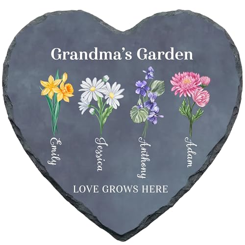 !RAKRISA Personalized Garden Stone, Mothers Day Gifts for Grandma with Grandkids Birth Flower, Unique Christmas and Birthday Gifts for Grandma (S-201)