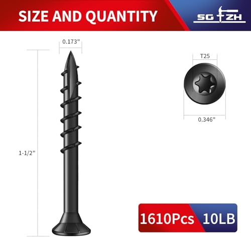 Image of #8 x 1-1 /2 inch Deck Screws (1610Pcs) 10lb. Exterior Wood Screws. Carbon Steel, Black, Flat Head, Rust Resistant epoxy Coated, with T25 Star Bit