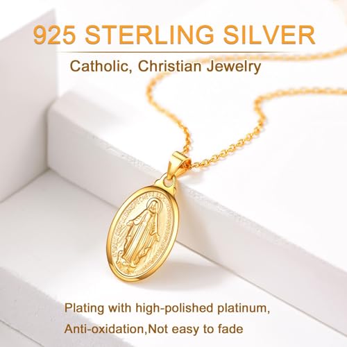 Image of U7 Virgin Mary Necklace for Women,18K Gold Plated /Sterling Silver Oval Miraculous Medal Virgin Mary Pendant Necklace