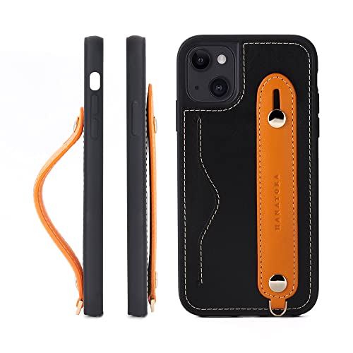 iPhone13 ケース 本革 グリップケース レザー ストラップ付属 イタリア製牛革 ヌメ革 片手操作 カード収納 スタンド機能 メンズ レディース ブラック/オレンジ CGH-13-Black-OG