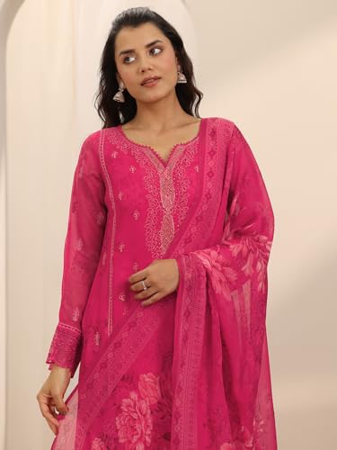 Image of Libas Pink Embroidered Organza Straight Kurta set for Women | ethnic wear | bridal suit | wedding dress | occasion wear
