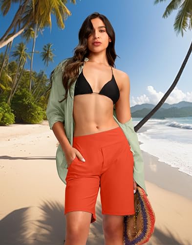 Viodia Women's 9" Long Swim Shorts Modest Swimsuits Bathing Suit Knee Length Bermuda Board Shorts for Women with Pocket Orange — view 3
