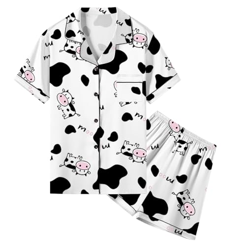 Image of Umeyda Women & Girls Pajamas Set, 2 Piece PJS Satin Silk Sleepwear Button-Down Top with Shorts for Mom Kids Gifts