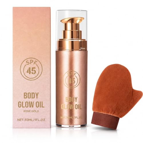 Image of Body Shimmer Oil, Rose Gold Glow for Women, Oil Shimmer with Application Mitt, Lightweight Non-Sticky Liquid Highlighter for Arms Legs Decolletage Party Holiday Makeup