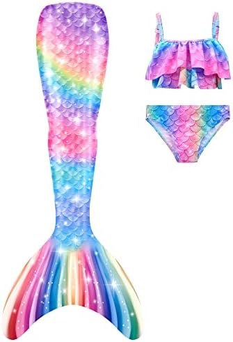 DNFUN Mermaid Tails with Bikini for Girls Mermaid Swimsuit for Kids,Without Monofin,3PC-M9,130