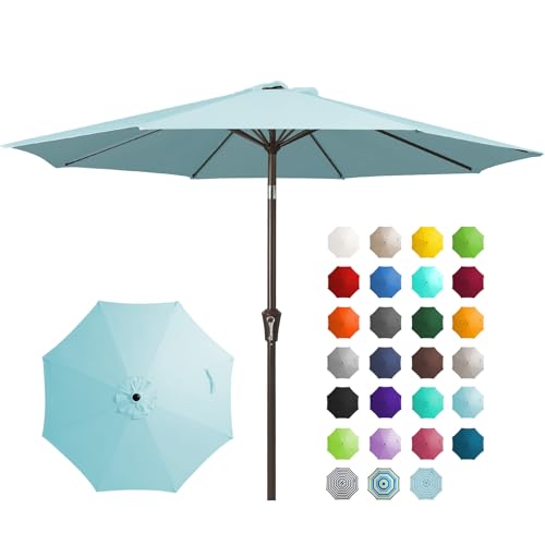 JEAREY 9FT Outdoor Patio Umbrella with Push Button Tilt and Crank, Outdoor Table Umbrella 8 Sturdy Ribs UV Protection Waterproof for Garden, Deck, Backyard, Pool (Light Blue)