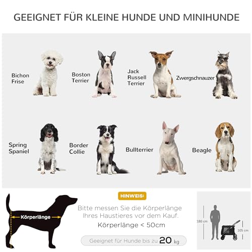 PawHut Hundewagen, faltbarer Hundebuggy, Hundetrolley mit Kissen, Katzenbuggy bis 20 kg, Katzenwagen für kleine und mittelgroße Hunde mit Seitentaschen, Netzfenster, Oxford-Gewebe, Schwarz