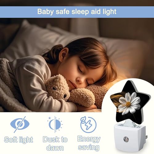 Image of White Daisy Flower Dusk to Dawn Star Night Light,Abstract Floral Smart Sensor Nightlight for Bedroom Kitchen Hallway Stairs,Plug-in Energy Efficient Decor Desk Lamp Women Men Gifts