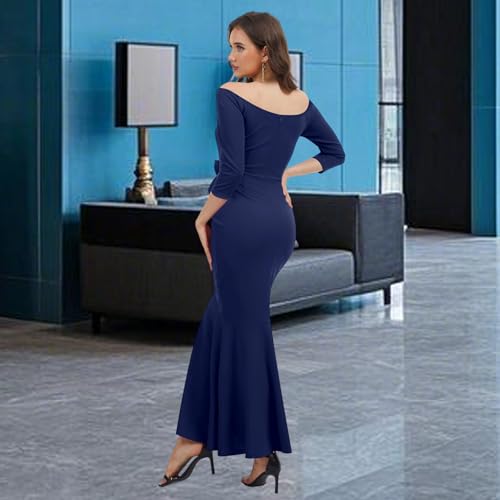 Image of Women's Elegant Formal Mermaid Maxi Dress Off Shoulder Long Sleeve Wedding Split Evening Gown Prom Cocktail Party Dresses