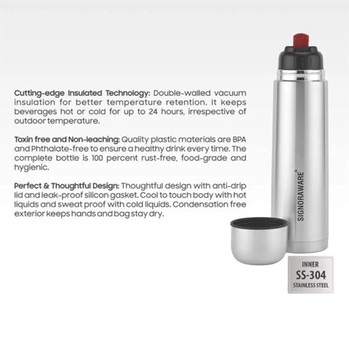 Image of SignoraWare Bullet Stainless Steel Vaccum Insulated ISI Certified Cola Bottle with Protective Cover | Airtight & Leakproof | Hot & Cold for Hours | Durable Flask for Outdoor Use (500ml | Steel)