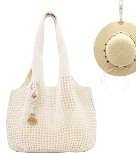 RUNROLE Crochet Tote Bag with Boho Hat Clips for Travel Women Summer Beach Bag Aesthetic Knit Bag Lightweight Cute Shoulder Bags(Large, Beige)