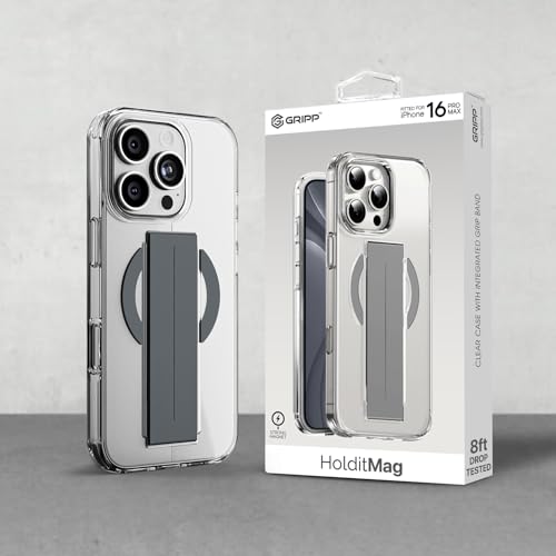 Image of GRIPP Holdit Case Compatible with Mag-Safe for iPhone 16 Pro Max | 8ft Drop-Tested with D30 Technology, Integrated Flexible Grip Band, Scratch Resistant, Shockproof, Lightweight Back Cover - Grey