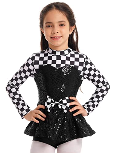 Mufeng Justaucorps Danse Fille Enfant Paillettes Damier Imprimer Robe Danse Moderne Ballet Jazz Latine Robe Halloween Racer Costume Noir 9-10 ans Cover