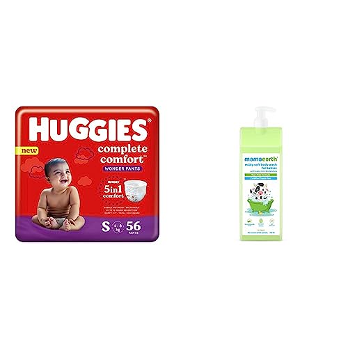 Image of Huggies Complete Comfort Wonder Pants, Small (S) Size Baby Diaper Pants, (56 count) with 5 in 1 Comfort & Mamaearth Milky Soft Body Wash for Babies with Oats, Milk and Calendula - 400 ml
