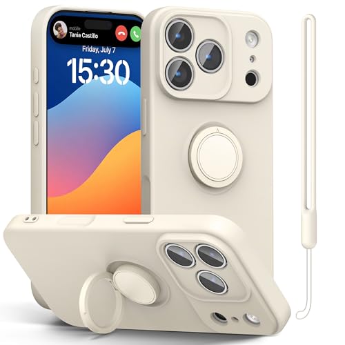 pcgaga Compatible with iPhone 17 Pro Max Case 6.9 inch, Silicone Slim Design with [Ring Holder Stand] [Wrist Strap] [Microfiber Lining] Shockproof Protective Case Cover,White Stone
