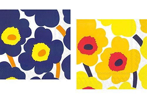 Ideal Home Range Marimekko Unikko Disposable 3-Ply Paper Cocktail Napkins Bundle, 20 Count Unikko Dark Blue and 20 Count Unikko Dark Yellow