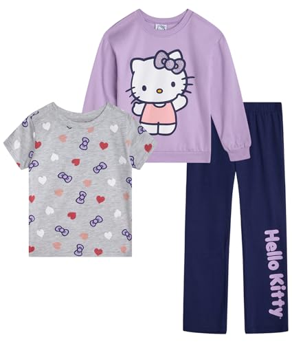 Image of Hello Kitty Girls Legging Set - 3 Piece Short Sleeve Girls Shirt Sweat Shirt Kids & Leggings Matching Set, Size 5-6, Purple /Navy