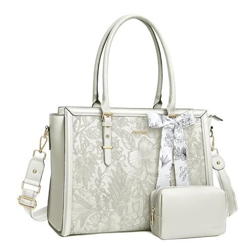 Image of MOSISO Laptop Bag for Women, PU Leather Tote Bag, Front Embossed Retro Hibiscus Computer Bags with Silk Scarf&Clutch Purse