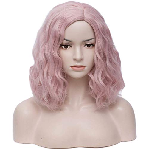 Iciwueen Pastel Wavy Wig Women's Short Bob Pink Wig Curly Wavy Synthetic Cosplay Wig for Girl Colorful Costume Wigs