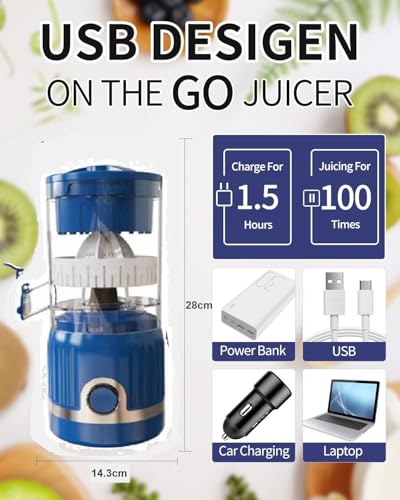 Rechargeable Electric Citrus Juicer - Portable USB Juicer for Oranges, Lemons, Grapefruits (Blue) with Cleaning Brush - Image 2